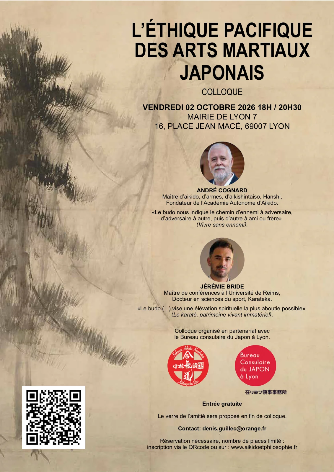 Affiche du colloque : L'éthique pacifique des arts martiaux japonais, avec André Cognard et Jérémie Bride